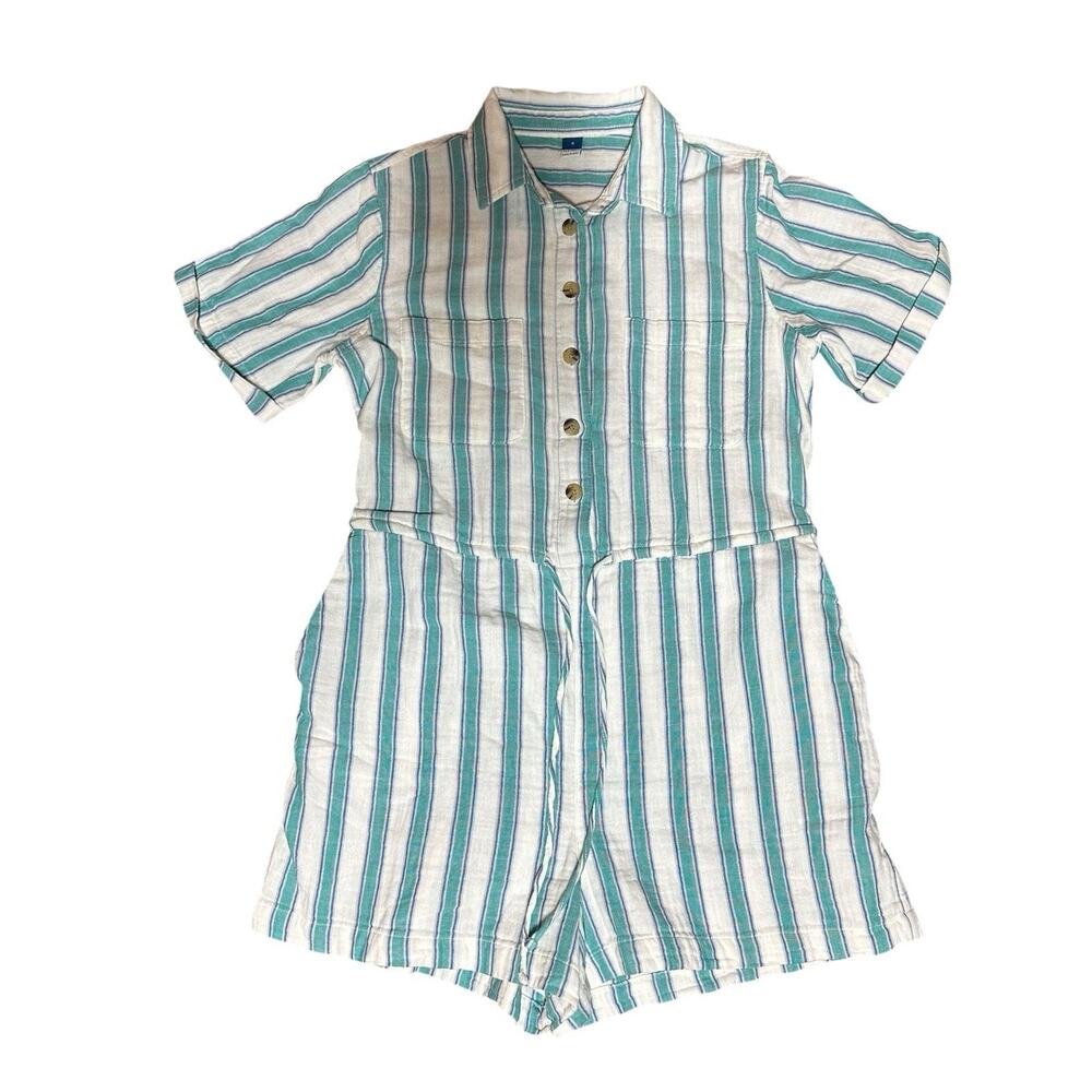 Old Navy Womens S Romper Aqua Blue Stripe Gauze 100% Cotton Beach Button Shorts